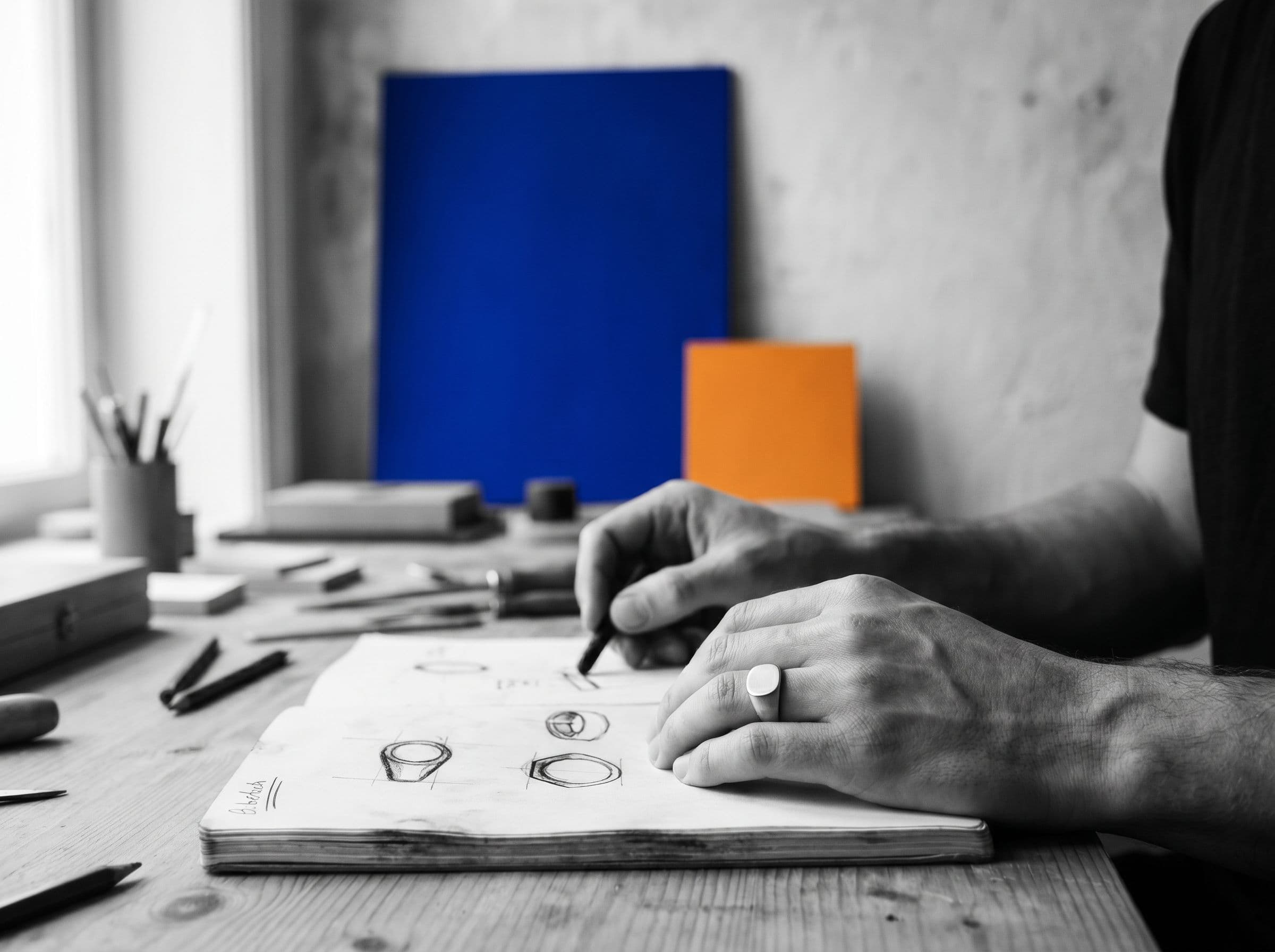 Atelier — mains au travail sur une chevalière.